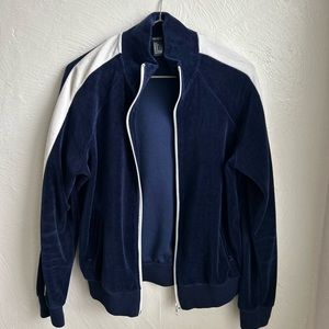 Velour Navy Blue Tracksuit - velvety plush varsity track jacket